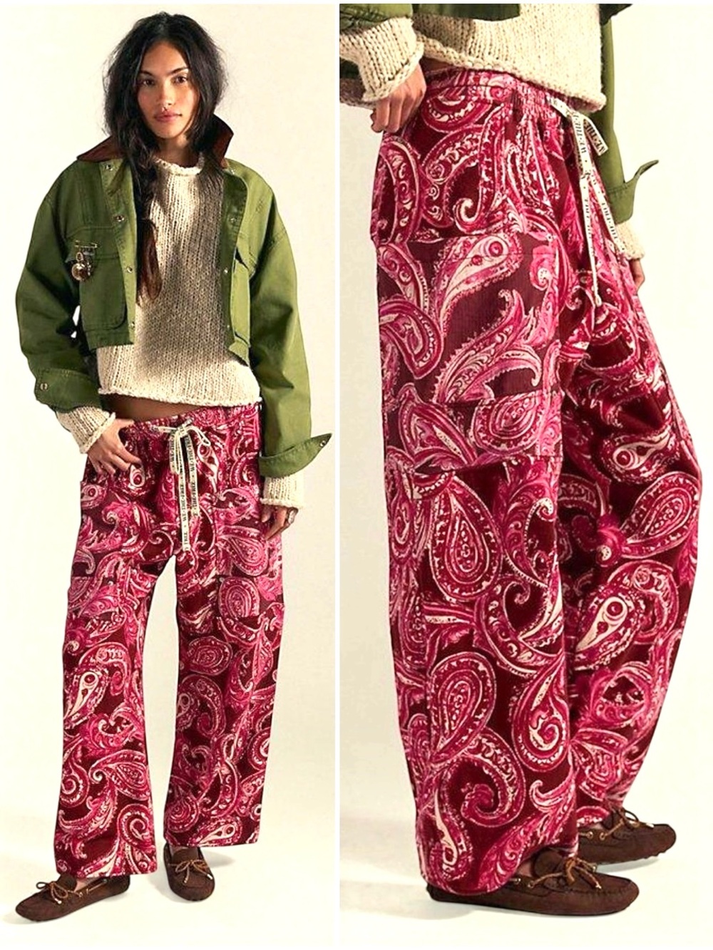 NWT Free People x We The Free Red Paisley Jet Set Wide-Leg Knit Pants